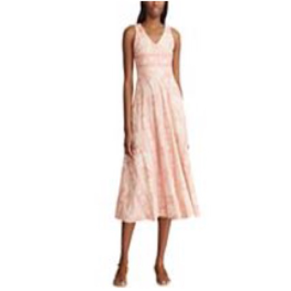 Chaps Fit and Flare Midi Dress - NWT - Large - Pink & Cream - Picture 1 of 4